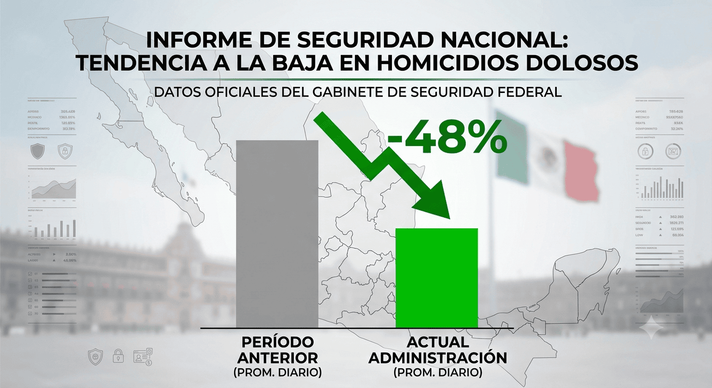 Gráfica oficial que detalla la reducción del 48 por ciento en homicidios dolosos durante la gestión de Claudia Sheinbaum