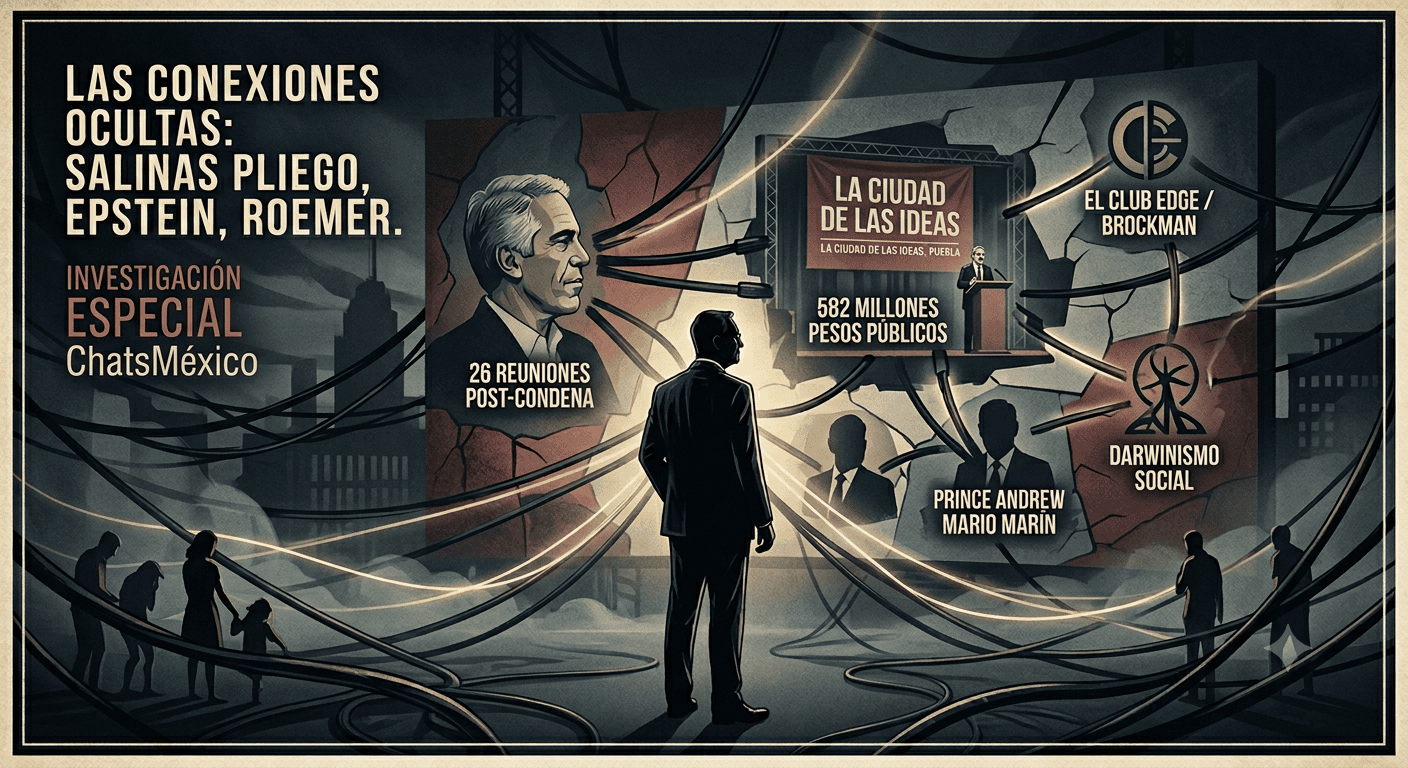 Infografía de las conexiones de Ricardo Salinas Pliego, Jeffrey Epstein y Andrés Roemer